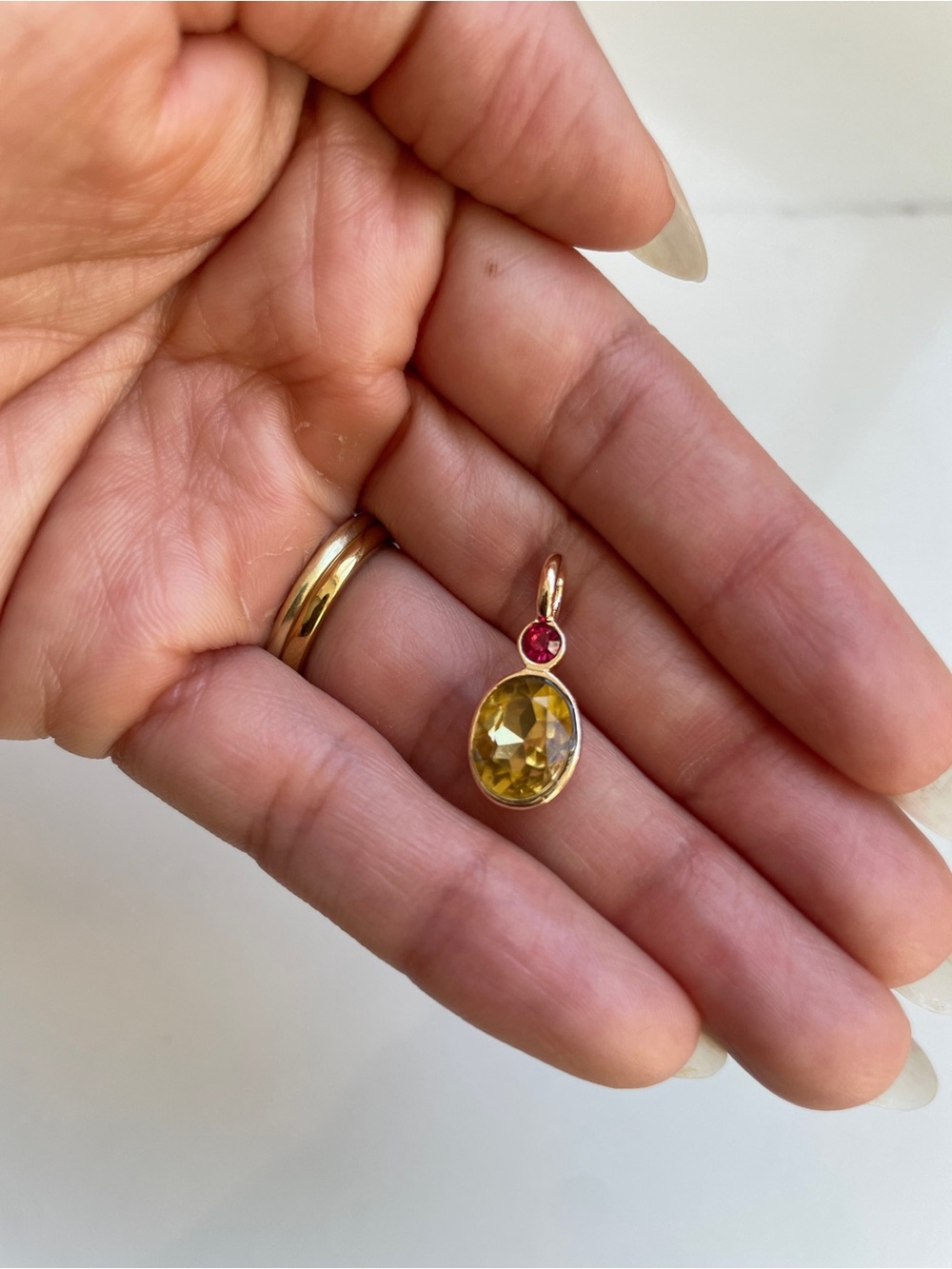 Vintage-Style Pink & Golden Yellow Glass Resin Two-Stone Pendant, Gold Plated